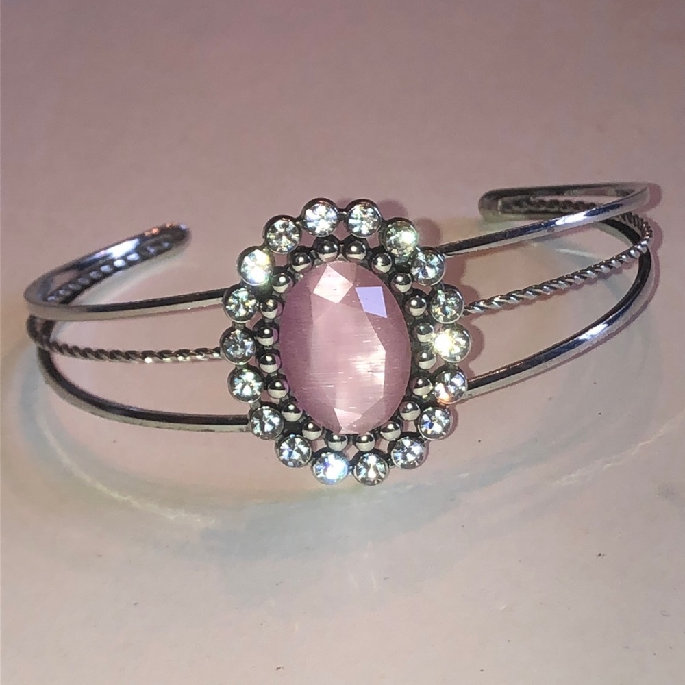 Silver Tone Pink Crystal Halo Cuff Bracelet